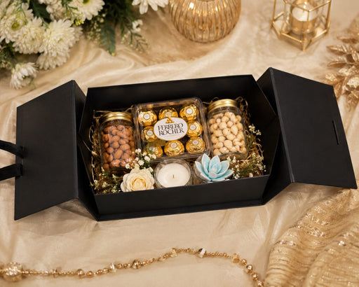 Collapsible Luxury Black Gift Box with Ribbon – Premium Magnetic Packaging Box for Hampers & Gifting