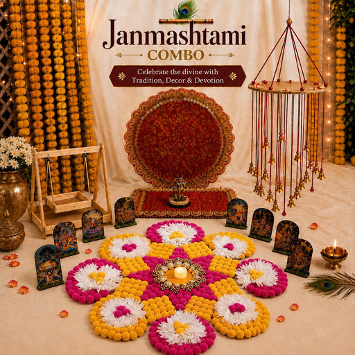 Janmashtami Special Combo | DIY Rangoli, Nadachhadi Hanging, Foldable Singhashan, Galgota Line, Jhula & 13-Pcs Krishna Jhanki Set
