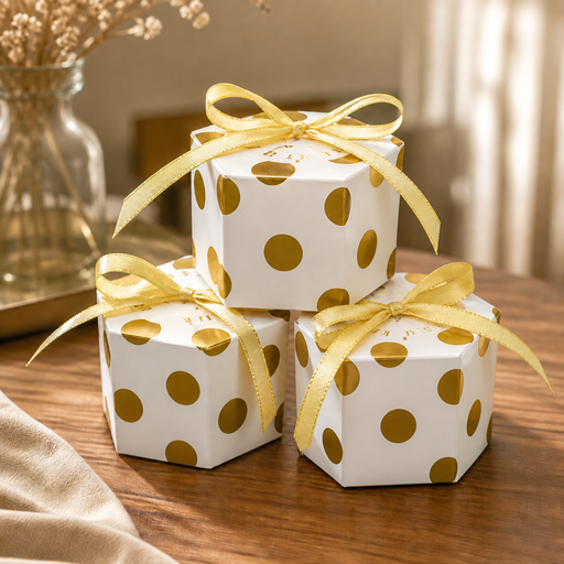 50 Pcs Hexagon Paper Gift Box with Ribbon, Gift Packaging Box for Wedding Return Gifts, Birthday Favours, Chocolate, Dry Fruit, Jewellery, Cosmetics, Baby Shower & Festive Hamper Packing
