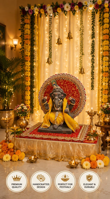 Premium Ganpati & Kanha Ji Singhasan Backdrop Mandap Set | Red Gold Finish Mirror Lace |Made In India | Pooja Festival Decoration