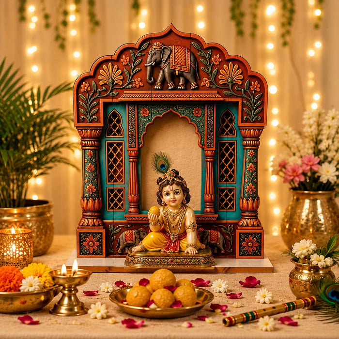 3D Look Foldable Wooden Mandap Backdrop | Peacock & Floral Design | Ganesh Chaturthi, Janmashtami, Durga Pujo, Navratri & Diwali Home Temple Decor