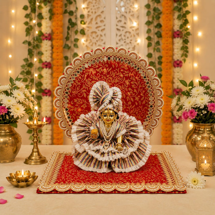 Premium Ganpati & Kanha Ji Singhasan Backdrop Mandap Set | Red Gold Finish Mirror Lace |Made In India | Pooja Festival Decoration
