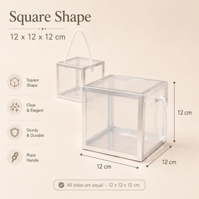 Clear Transparent Gift Box with Frame and Rope Handle for Hampers, Wedding Gifts, Return Gifts, Chocolates, Dry Fruits, Cosmetics, Baby Shower, Festive Gifting & Premium Gift Packaging (12 cm x 12 cm x 12 cm)