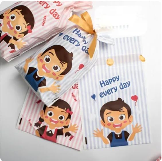 Cartoon Gift pouch/Potli with Ribbon | Cute Pink & Blue Candy Wrapper for Birthday Return Gifts, Kids Party Favors, Small Treat Bags, Goodie Bags, Specially For Baby Shower Gifting ,Return Gift,Potili Pouch (Happy Every Day Design)