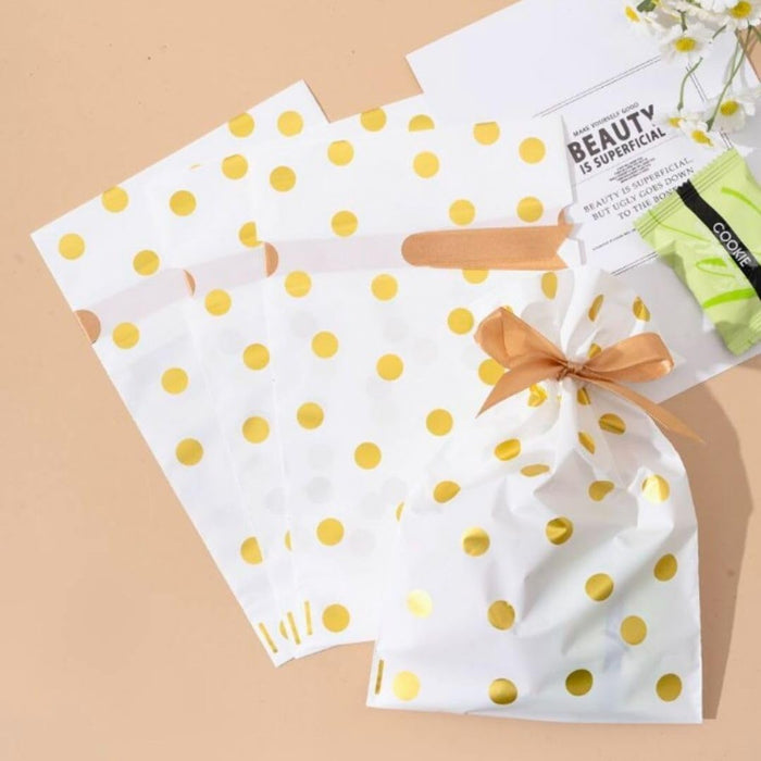 Polka Dot Gift Pouches with Satin Ribbon – White & Silver/Gold Dots