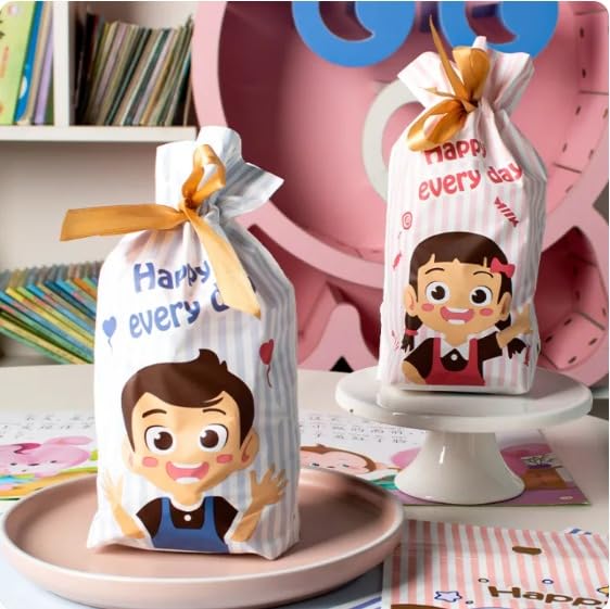 Cartoon Gift pouch/Potli with Ribbon | Cute Pink & Blue Candy Wrapper for Birthday Return Gifts, Kids Party Favors, Small Treat Bags, Goodie Bags, Specially For Baby Shower Gifting ,Return Gift,Potili Pouch (Happy Every Day Design)