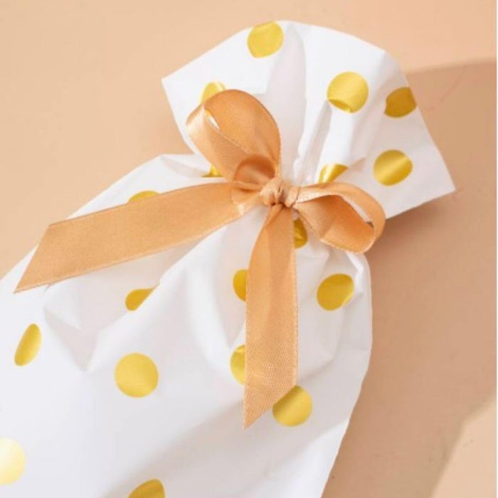 Polka Dot Gift Pouches with Satin Ribbon – White & Silver/Gold Dots