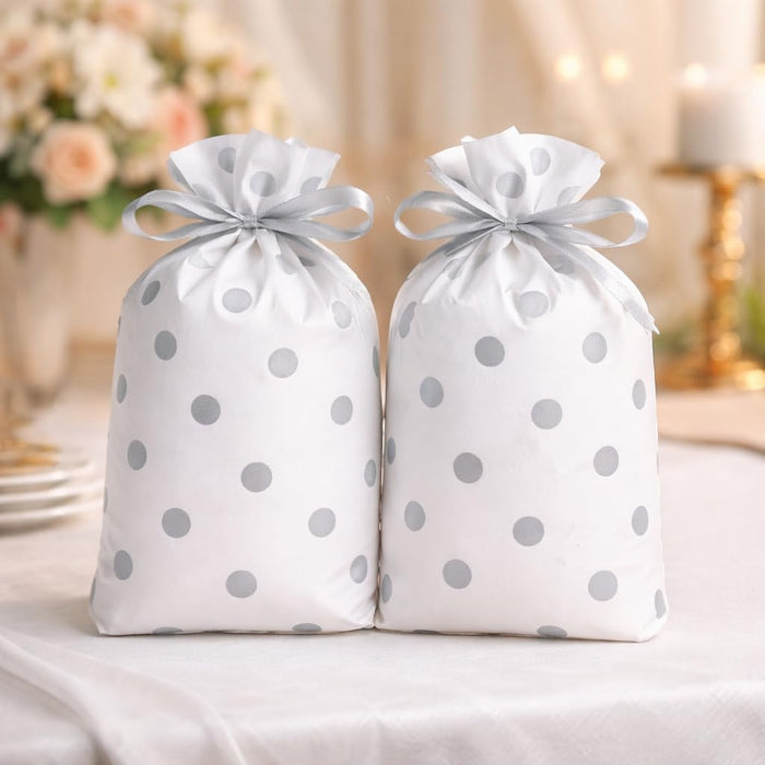 Polka Dot Gift Pouches with Satin Ribbon – White & Silver/Gold Dots