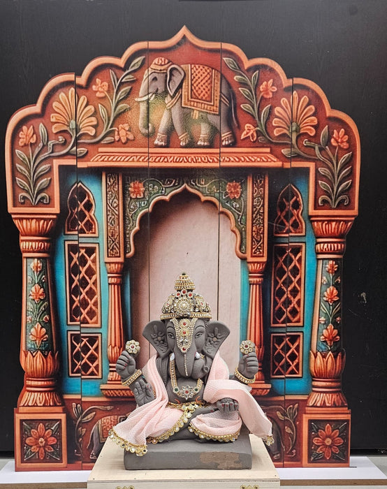 3D Look Foldable Wooden Mandap Backdrop | Peacock & Floral Design | Ganesh Chaturthi, Janmashtami, Durga Pujo, Navratri & Diwali Home Temple Decor