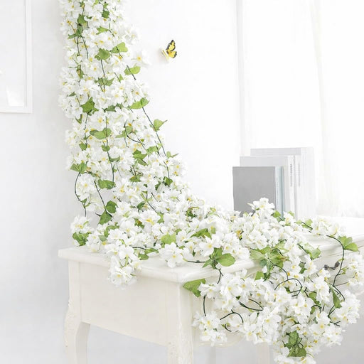 Artificial Cherry Blossom Rattan Flowers(White) Wall Hanging Decorative Vine String Lines Items for Diwali Decoration, Backdrop for Pooja Room, Home Decor (230 cm)