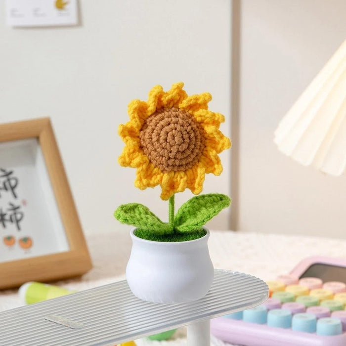 Handmade Sunflower Crochet Flowers head with Pot Completed Hand Woven Sunflowers Daisy Knitted Potted flower Plants Cute Knitted Flower pot for Home Decoration,Table Top,Table Decoration,Knitted sunflower pot gift for her/him