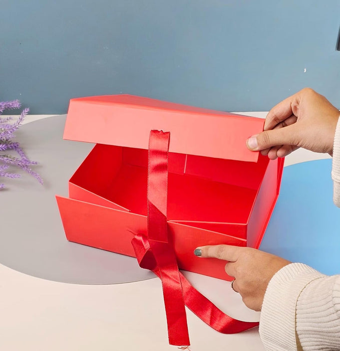 Collapsible Magnetic Gift Box with Satin Ribbon | Premium Folding Rigid Cardboard Box for Gift Hampers, Wedding, Valentine & Multipurpose Packaging