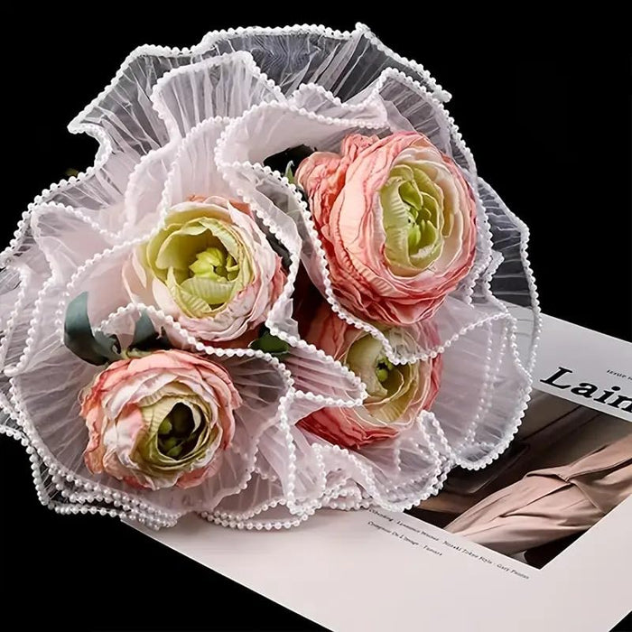 Wrinkled Flower Wrapping Mesh Net With White Ball chain top with beads for Gift Packaging | Wedding, Birthday, Anniversary, Engagement, Thanksgiving Decoration | Wrapping Paper | Greeting Cards & Party Supply | Flower, Bouquet Packaging Sheet
