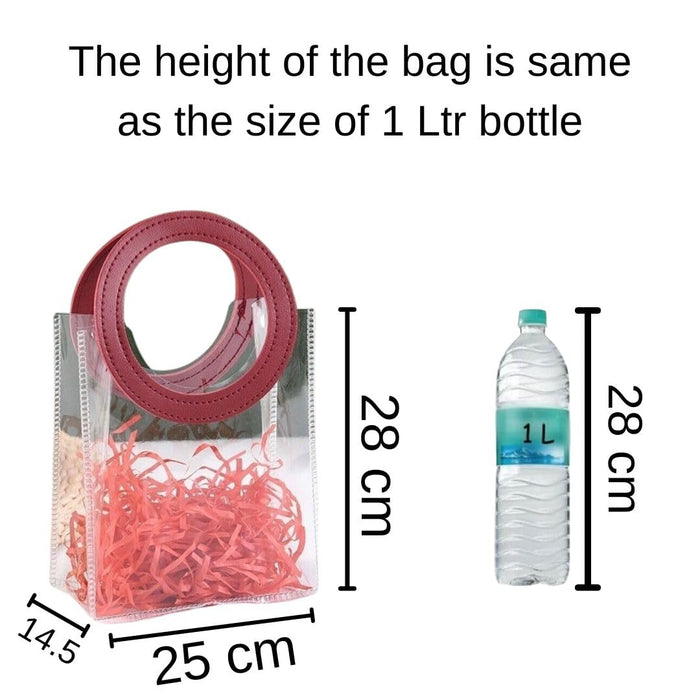 Transparent Bags with round Handle Gift Bag, Carry Bags, Gift Bag, Gift for Birthday, Valentine, Marriage, Festivals, Season's Greetings and Events (Maroon) (Big)(25x 14.5 x 28 cm)
