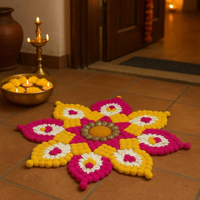 Rajwadi Multi Colour Flower pompom Design Rangoli, Easy to Use. Just Set up with your own choice and make Rangoli for Floor Home Diwali Decoration DIY