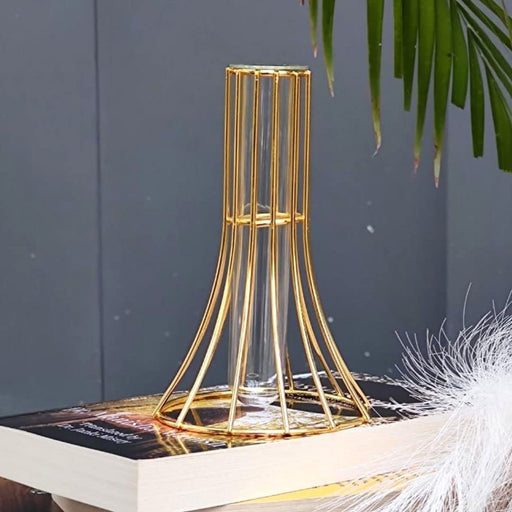 1 Pcs Propagation Station with Metal Frame, Test Tube Glass Items Vase for Flower Pot,Gift, Home Decor, Bedroom, Office Corner, Living Room,Decoration (Model 4)(Golden)
