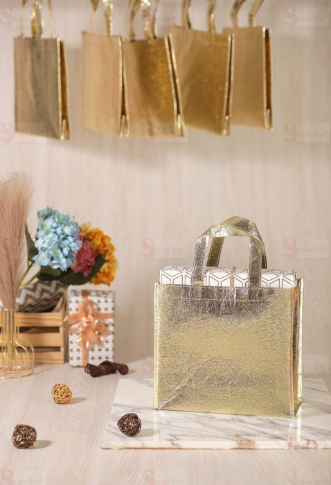 Small Size Non Woven Fabric Bag With Handle 28 x 25 cm Gift Paper bag, Carry Bags, gift bag, gift for Birthday, gift for Festivals, Season's Greetings and other Events(Gold)(Pack of 12)