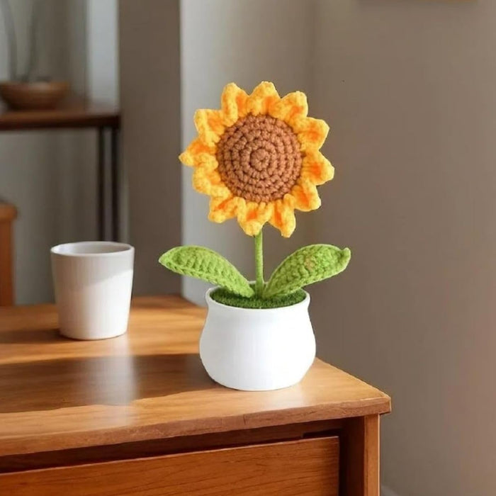 Handmade Sunflower Crochet Flowers head with Pot Completed Hand Woven Sunflowers Daisy Knitted Potted flower Plants Cute Knitted Flower pot for Home Decoration,Table Top,Table Decoration,Knitted sunflower pot gift for her/him