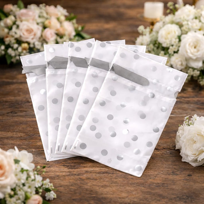 Polka Dot Gift Pouches with Satin Ribbon – White & Silver/Gold Dots
