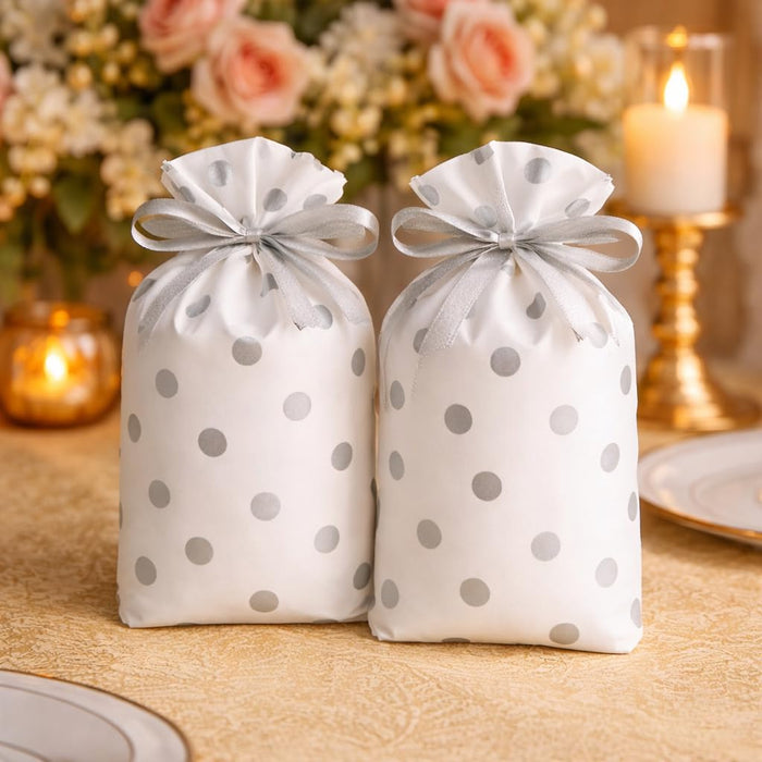 Polka Dot Gift Pouches with Satin Ribbon – White & Silver/Gold Dots