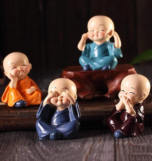 Monk Buddha Miniature Showpiece Set Monks Figurine Statue, Cute Little Monks Statue Wealth Lucky Figurine Unique Gift, Don't Think, Don't Look, Don't Say, Don't Listen Decoration For Home (Cute Buddha Set)