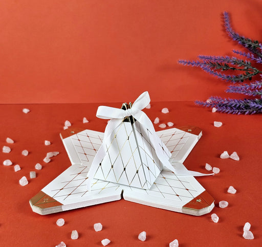 Decorative Pyramid Triangle Shape Folding Storage Box With ribbons for Return Gift, Birthday,Boxes with Ribbon, Perfect for Packing Chocolate, Dry Fruits,Engagement (White)