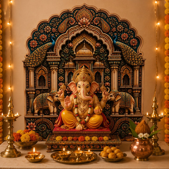 3D Look Foldable Wooden Mandap Backdrop | Peacock & Floral Design | Ganesh Chaturthi, Janmashtami, Durga Pujo, Navratri & Diwali Home Temple Decor
