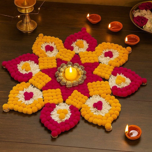 Rajwadi Multi Colour Flower pompom Design Rangoli, Easy to Use. Just Set up with your own choice and make Rangoli for Floor Home Diwali Decoration DIY