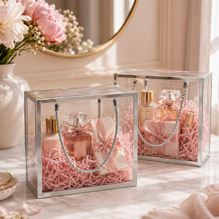 Clear Transparent Gift Box with Frame and Rope Handle for Hampers, Wedding Gifts, Return Gifts, Chocolates, Dry Fruits, Cosmetics, Baby Shower, Festive Gifting & Premium Gift Packaging (20 cm x 21 cm x 9 cm)