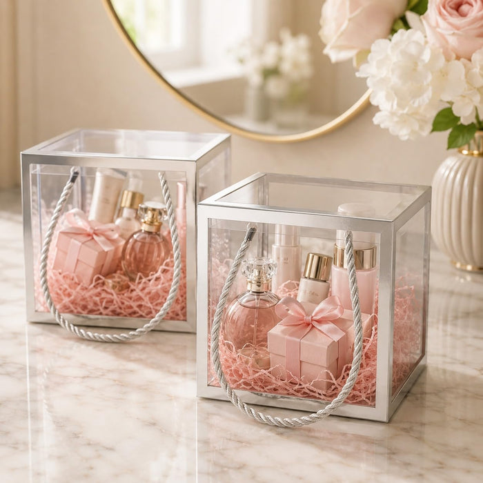 Clear Transparent Gift Box with Frame and Rope Handle for Hampers, Wedding Gifts, Return Gifts, Chocolates, Dry Fruits, Cosmetics, Baby Shower, Festive Gifting & Premium Gift Packaging (12 cm x 12 cm x 12 cm)