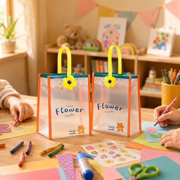 Cute  Gift Bag with Handle | Transparent PVC Return Gift & Hamper Bag | 14×12×19 CM | 3 Assorted Designs