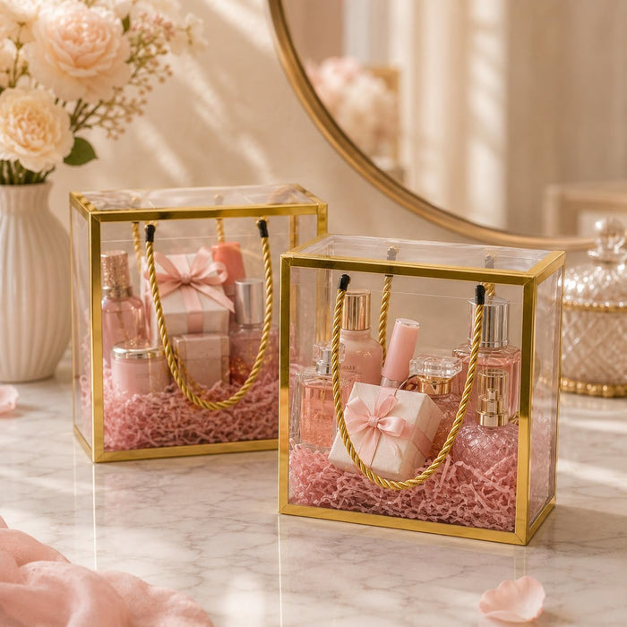 Clear Transparent Gift Box with Frame and Rope Handle for Hampers, Wedding Gifts, Return Gifts, Chocolates, Dry Fruits, Cosmetics, Baby Shower, Festive Gifting & Premium Gift Packaging (20 cm x 21 cm x 9 cm)