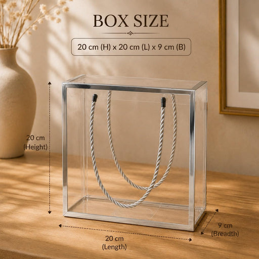 Clear Transparent Gift Box with Frame and Rope Handle for Hampers, Wedding Gifts, Return Gifts, Chocolates, Dry Fruits, Cosmetics, Baby Shower, Festive Gifting & Premium Gift Packaging (20 cm x 21 cm x 9 cm)