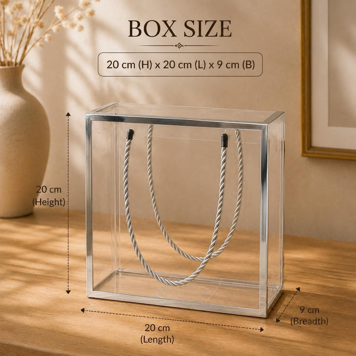 Clear Transparent Gift Box with Frame and Rope Handle for Hampers, Wedding Gifts, Return Gifts, Chocolates, Dry Fruits, Cosmetics, Baby Shower, Festive Gifting & Premium Gift Packaging (20 cm x 21 cm x 9 cm)