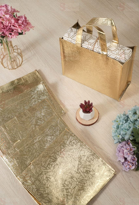 Small Size Non Woven Fabric Bag With Handle 28 x 25 cm Gift Paper bag, Carry Bags, gift bag, gift for Birthday, gift for Festivals, Season's Greetings and other Events(Gold)(Pack of 12)