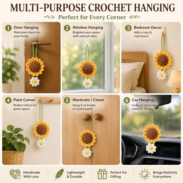 2 Pcs Artificial Sunflower Crochet Hanging Ornament for Home Decor | Handmade Sunflower Car Mirror Hanging Accessory | Crochet Flower Car Dashboard Decoration | Home, Window, Door