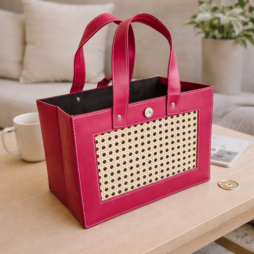 Premium Handcrafted  Purse /Leather Storage Basket with Handle — Multipurpose Organizer for Gifts, Gifting Hampers, Home Décor, Office Storage (12.5 x 7 x 8.5 Inch) (Maroon)