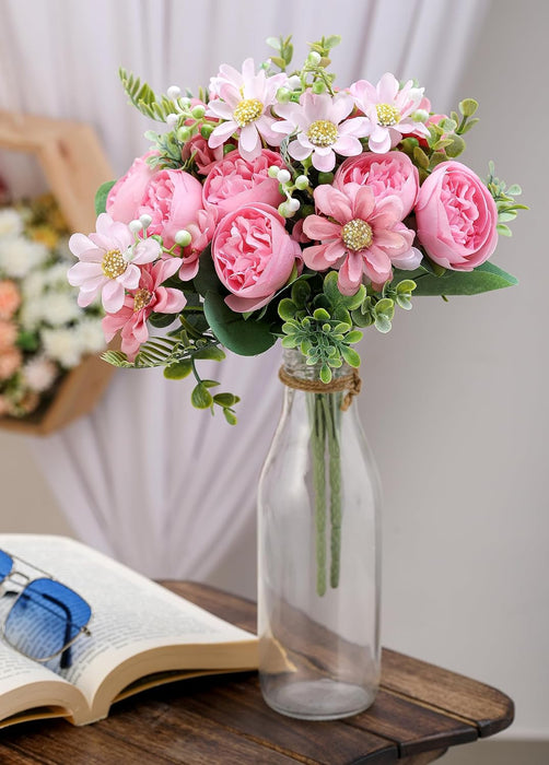 Artificial Peony Rose Flower Bunch for - Home, Office, Bedroom, Balcony,Table Display, Living Room Decoration and Craft Corner- (Without Vase)