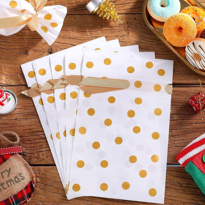 Polka Dot Gift Pouches with Satin Ribbon – White & Silver/Gold Dots