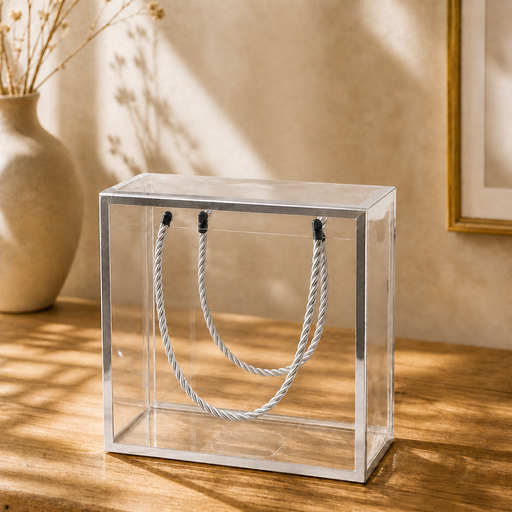 Clear Transparent Gift Box with Frame and Rope Handle for Hampers, Wedding Gifts, Return Gifts, Chocolates, Dry Fruits, Cosmetics, Baby Shower, Festive Gifting & Premium Gift Packaging (14 cm x 14 cm x 7.5 cm)