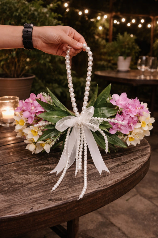 1 Pc Artifical  Flower HandsFree Hand accessories /Bridal Bouquet with Pearl Handle & Ribbon Bow Gift Decorative Favor For Photos hoot  Wedding & Engagement Return Ring Ceremony Baby Shower Photography Use & Party Use(Multicolour) (This is not a purse)