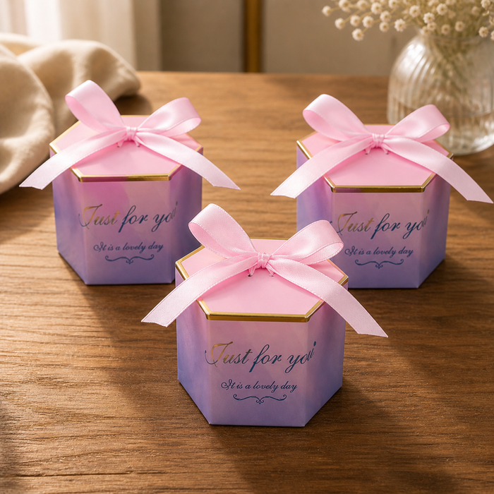 50 Pcs Hexagon Paper Gift Box with Ribbon, Gift Packaging Box for Wedding Return Gifts, Birthday Favours, Chocolate, Dry Fruit, Jewellery, Cosmetics, Baby Shower & Festive Hamper Packing