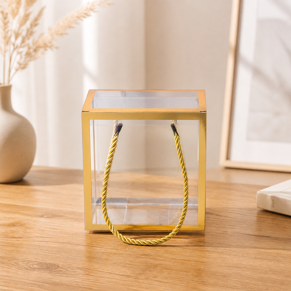 Clear Transparent Gift Box with Frame and Rope Handle for Hampers, Wedding Gifts, Return Gifts, Chocolates, Dry Fruits, Cosmetics, Baby Shower, Festive Gifting & Premium Gift Packaging (12 cm x 12 cm x 12 cm)