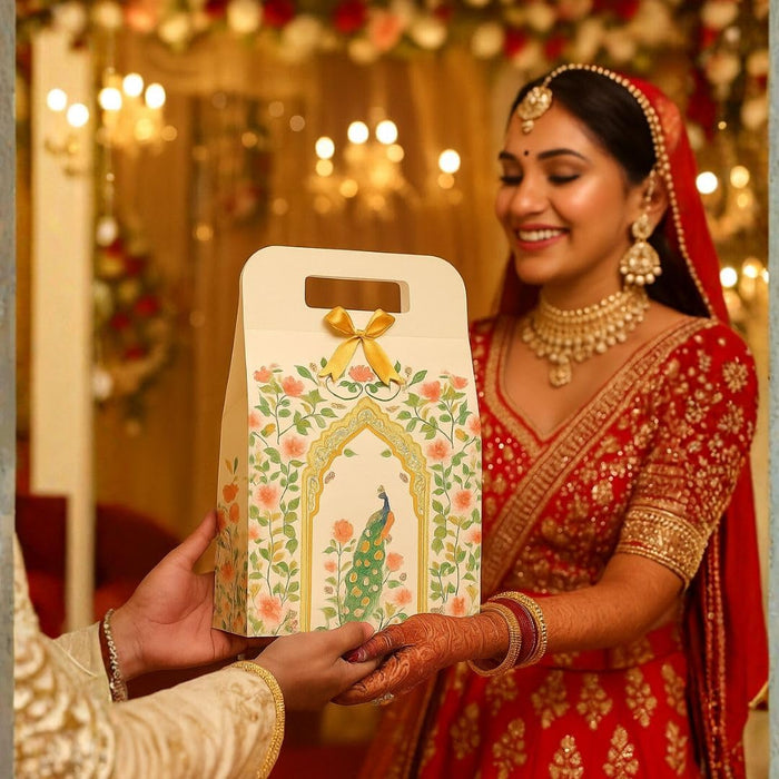 Shahi Dibba Foldable Peacock Hamper Boxes with Ribbon | Premium Gift Packaging for Weddings & Special Occasions