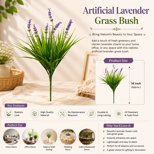 Artificial Lavender Grass Bush | 14 Inch Decorative Faux Lavender Plant for Home, Office & Wedding Décor