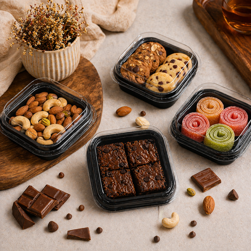 Disposable Square  Brownie Box Food Container with Lid 11×11×4 cm | Black Base Meal Box for Cakes, Brownies, Snacks & Takeaway Packaging