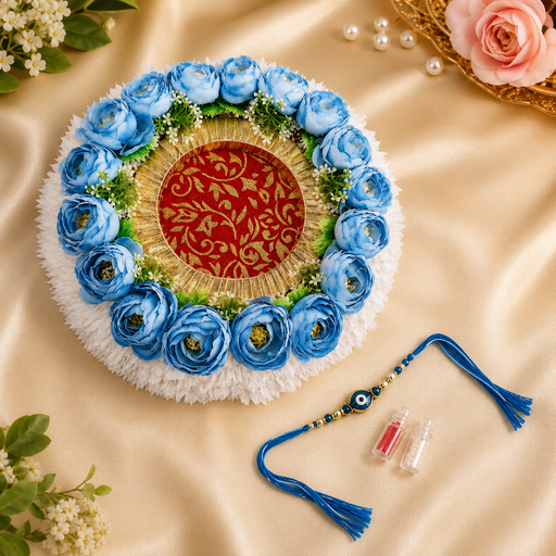 Handmade Floral Rakhi Platter/Pionee Platter  – Decorative Flower Rakhi Tray with Artificial Roses  for Wedding, Engagement | Pooja Platter, Center Table Decor,Gifting ( Rakhi Platter with Rakhi And Roli Chawal )