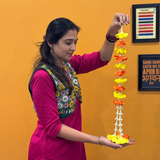 Orange & Yellow Carnation, Galgota & Rajnigandha Ladi (25 Inch) | Traditional Floral Side Hanging for Home & Festive Décor