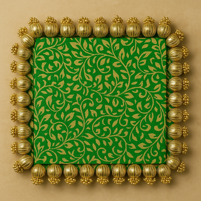 Square Shape Handmade Gota Patti Rakhi Platter, Pooja Thali with White Jumkhi Moti | Wedding Ring Ceremony Tray, Ganpati Pooja Thali, Mandir, Housewarming, Marriage Gift, Table Decoration, Rakshabhandhan (8 Inch)