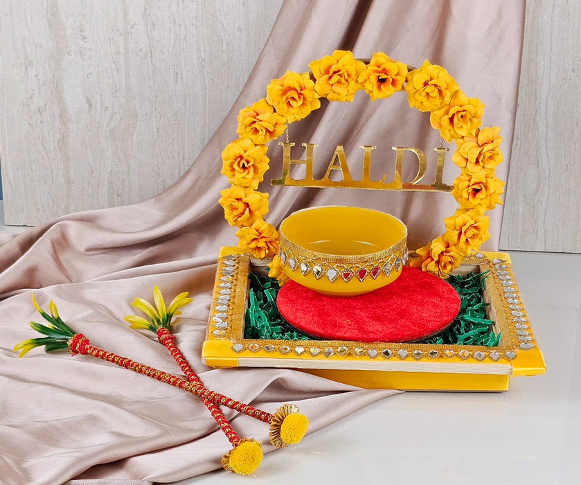 Handcrafted Haldi Platter Holder Tray -Ideal for Haldi Ceremony, Decorative Plates for Groom-Bride, Marriage Functions.